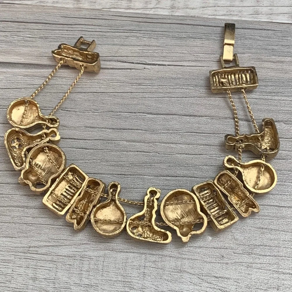 Vintage Gold Tone Beauty Salon Charm Bracelet Hair Dryer Comb Lipstick 6.5